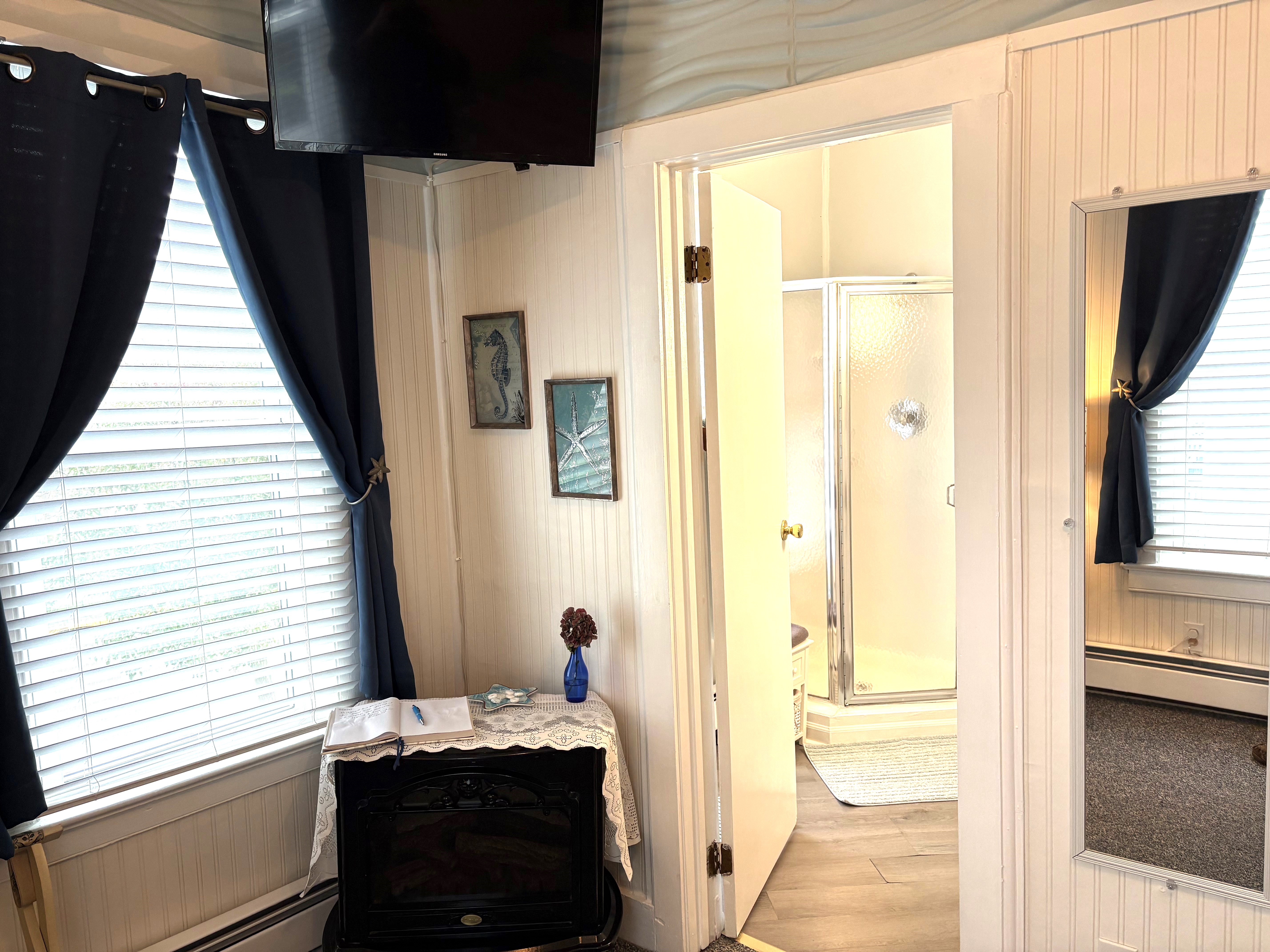 A view of a bright guest room featuring an electric wood stove, a wall-mounted flat-screen TV, and an open door leading to a private en-suite bathroom with a walk-in shower.