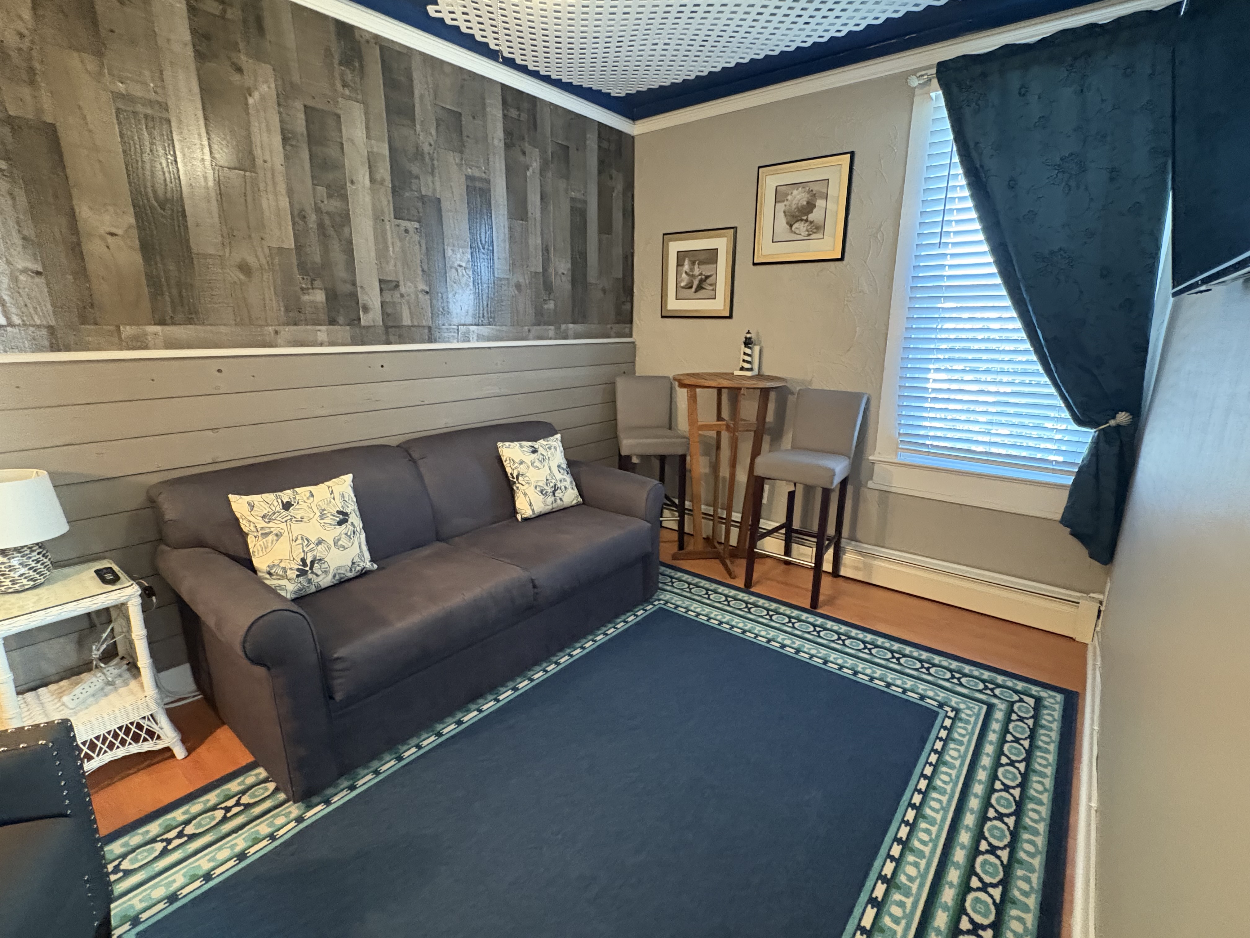 An interior view of a cozy seating area featuring a dark gray sofa with decorative floral pillows, a large navy blue patterned rug, and a small white wicker side table with a lamp. The room is accented with rustic wood paneling on the walls and navy blue curtains.