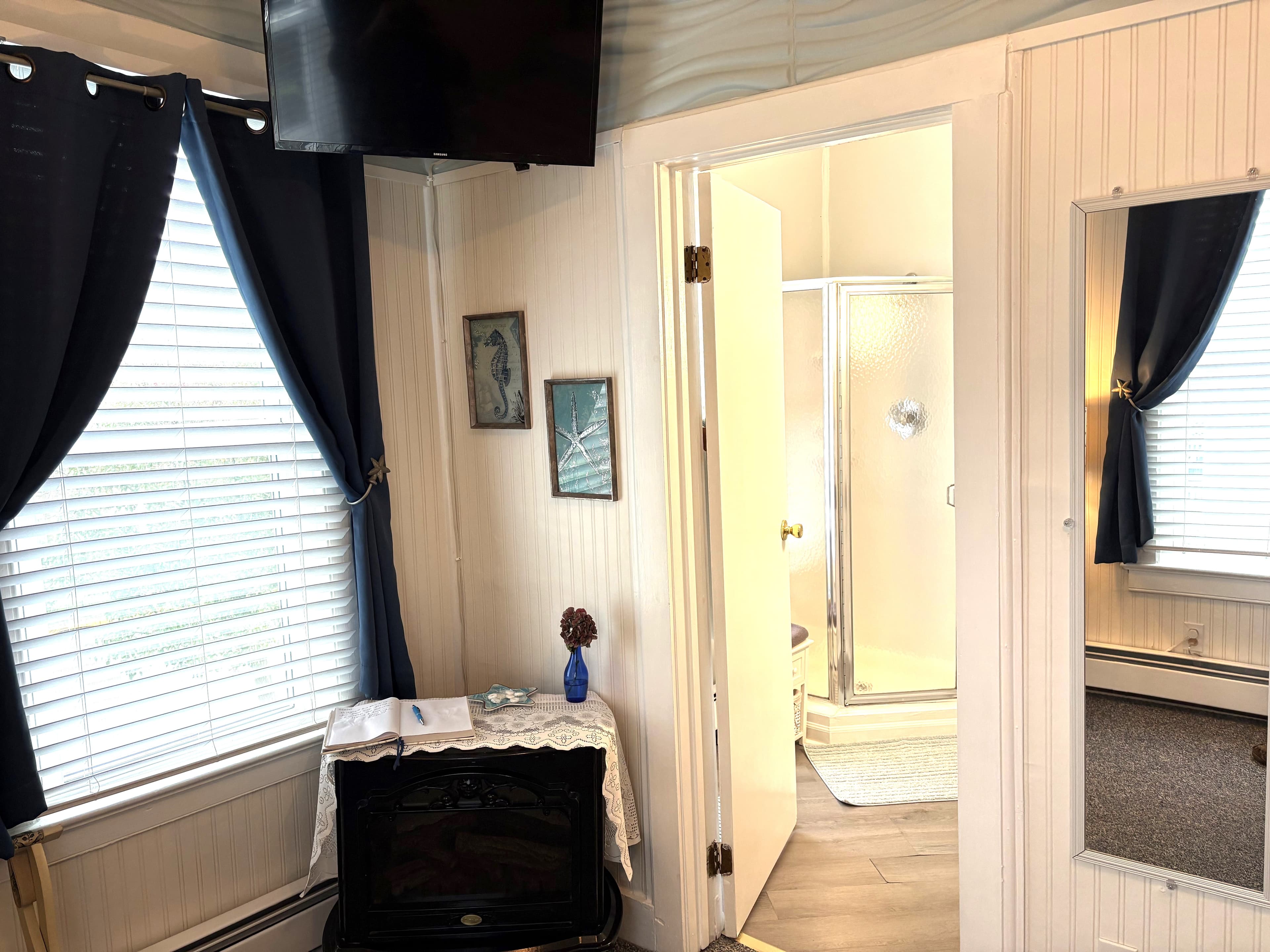 A view of a bright guest room featuring an electric wood stove, a wall-mounted flat-screen TV, and an open door leading to a private en-suite bathroom with a walk-in shower.